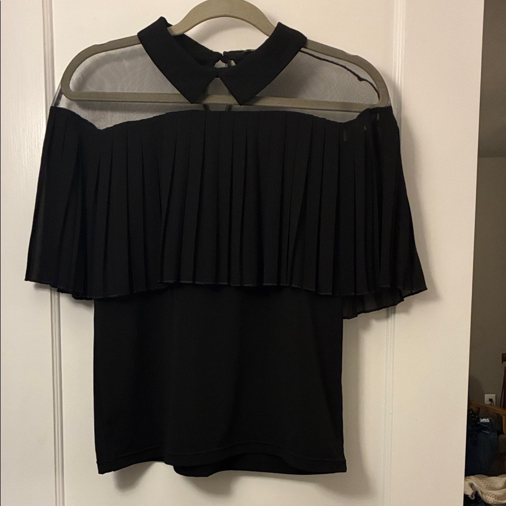 For Cynthia Black Off-Shoulder Pleated Blouse with Peter Pan Collar
